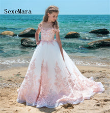 Load image into Gallery viewer, Fancy Pink A Line Flower Girl Dresses Short Sleeves Lace Applique Birthday Dress Christmas Dress with Train Glitz Size 0-16Y